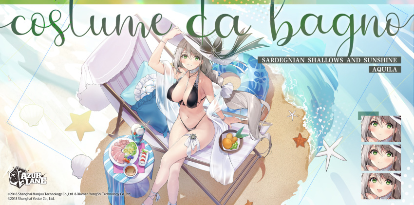 1girl aquila_(azur_lane) aquila_(sardegnian_shallows_and_sunshine)_(azur_lane) azur_lane beach bikini black_bikini blue_innertube braid breasts crossed_legs food from_above full_body green_eyes grey_hair hat highleg highleg_bikini highres ice_cream large_breasts long_hair looking_at_viewer looking_up meat necomi official_alternate_costume official_art pillow promotional_art round_table sand sardegna_empire_(emblem) silver_hair single_braid solo starfish sun_hat swimsuit table thigh_strap very_long_hair water white_footwear white_headwear