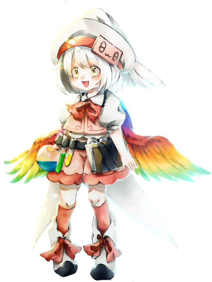 1girl :d absurdres beaker belt black_hair blush book bow coattails collar facing_viewer feathered_wings feathers frilled_collar frills hat highres hollow_song_of_birds kneehighs looking_at_viewer multicolored_hair open_mouth pink_shorts rainbow_wings red_bow red_legwear red_lining short_sleeves shorts simple_background smile solo streaked_hair torisumi_horou touhou two-tone_hair user_ctfd5387 white_background white_footwear white_hair white_sleeves wings yellow_eyes