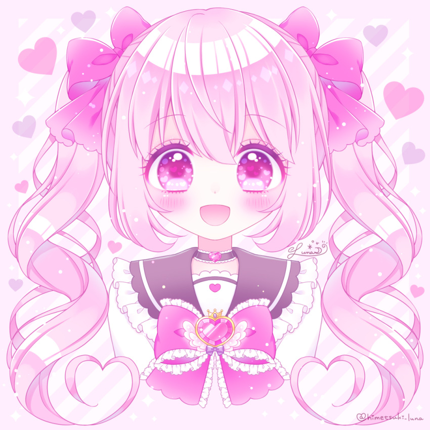 1girl :d bangs black_sailor_collar blush bow commentary_request cropped_torso diagonal_stripes eyebrows_visible_through_hair frilled_bow frilled_sailor_collar frills hair_between_eyes hair_bow heart heart_background heart_in_eye himetsuki_luna long_hair open_mouth original pink_background pink_hair purple_bow sailor_collar school_uniform serafuku shirt sidelocks signature smile solo sparkle striped striped_background symbol_in_eye twintails twitter_username upper_body white_shirt