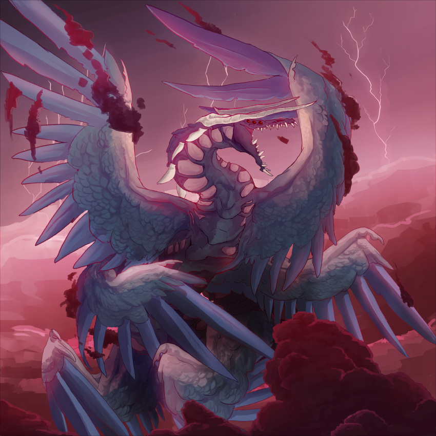 clouds creature dragon fangs fantasy fire_emblem fire_emblem_awakening flying grima_(fire_emblem) harerious highres horns lightning looking_to_the_side open_mouth painting red_clouds red_sky scales sky teeth wings