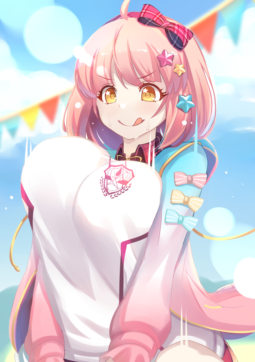 1girl :q bow breasts chieru_(princess_connect!) emblem eyebrows_visible_through_hair hair_ornament hairband highres hooded_coat large_breasts long_sleeves pink_bow pink_hair pink_hairband plaid plaid_bow princess_connect! princess_connect!_re:dive shiki_(psychedelic_g2) solo star_(symbol) star_hair_ornament star_in_eye sweat symbol_in_eye tongue tongue_out v_arms