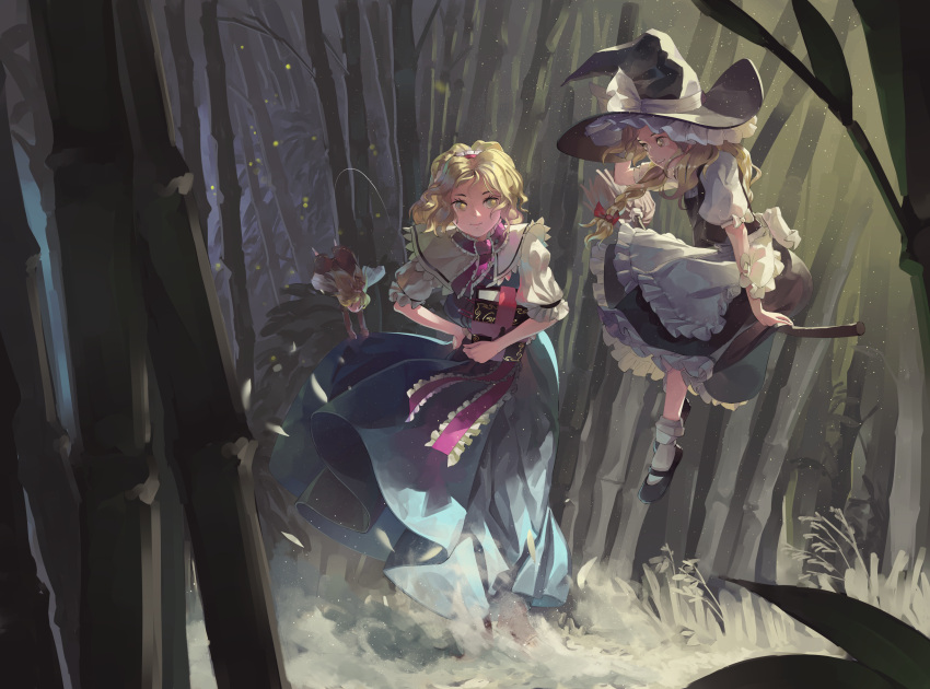 2girls alice_margatroid ankle_socks apron arm_up bamboo bamboo_forest black_footwear black_headwear black_skirt black_vest blonde_hair blue_dress book braid broom broom_riding capelet doll dress fog forest frilled_apron frilled_dress frilled_hairband frilled_hat frilled_ribbon frills grimoire_of_alice hairband hand_on_headwear hand_on_hip hat highres holding holding_book hourai_doll kirisame_marisa long_hair looking_at_another multiple_girls nature open_mouth outdoors puffy_short_sleeves puffy_sleeves red_neckwear ribbon riki6 sash shirt short_hair short_sleeves single_braid skirt smile standing touhou very_long_hair vest waist_apron white_capelet white_legwear white_shirt witch_hat yellow_eyes