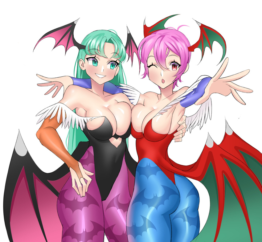 2girls :o absurdres alternate_breast_size arm_around_shoulder ass bangs black_leotard blush breast_press breasts covered_navel daniaeru demon_girl demon_wings eyebrows_visible_through_hair hand_on_own_thigh head_wings highres leotard lilith_aensland long_hair medium_breasts morrigan_aensland multiple_girls one_eye_closed open_hands parted_bangs parted_lips red_leotard short_hair siblings sisters smile symmetrical_docking vampire_(game) wings wrist_cuffs