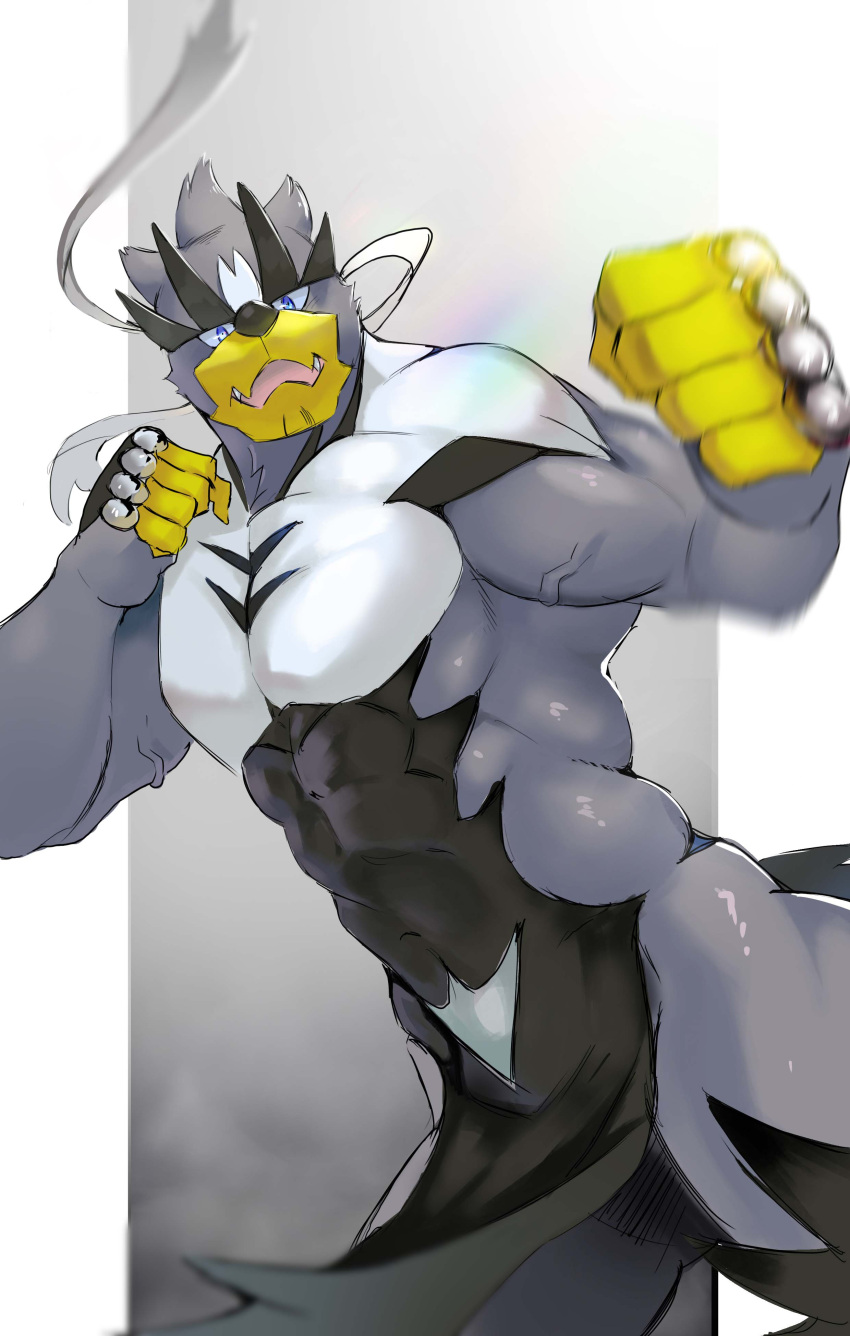 1boy abs absurdres blue_eyes blurry clenched_hands cowboy_shot fangs fighting_stance furry gen_8_pokemon highres legendary_pokemon looking_at_viewer male_focus muscular muscular_male navel open_mouth pectorals pokemon shiny solo tofu_(pixiv10770344) urshifu urshifu_(single) veins