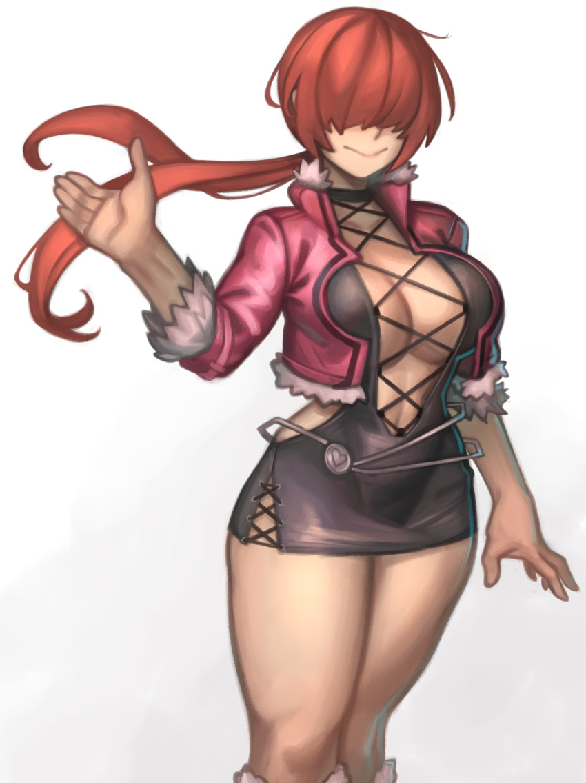 1girl :&gt; absurdres belly_chain breasts covered_eyes cropped_jacket cross-laced_clothes dress fur-trimmed_jacket fur_trim hair_over_eyes highres hip_vent jacket jewelry kelvin_hiu large_breasts no_bra plunging_neckline redhead shermie_(kof) short_dress side_slit solo split_ponytail the_king_of_fighters the_king_of_fighters_xv thick_thighs thighs toned white_background