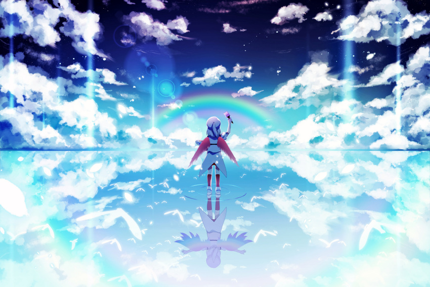 1girl arm_up bird clouds cloudy_sky collar different_reflection facing_away feathered_wings feathers hair_feathers hat hichou hollow_song_of_birds kneehighs lens_flare light_rays outstretched_arms paint paintbrush palette rainbow rainbow_wings red_legwear reflection reflective_water ripples shirt silhouette sky solo standing standing_on_liquid star_(sky) tailcoat torisumi_horou water white_footwear white_hair white_headwear wings