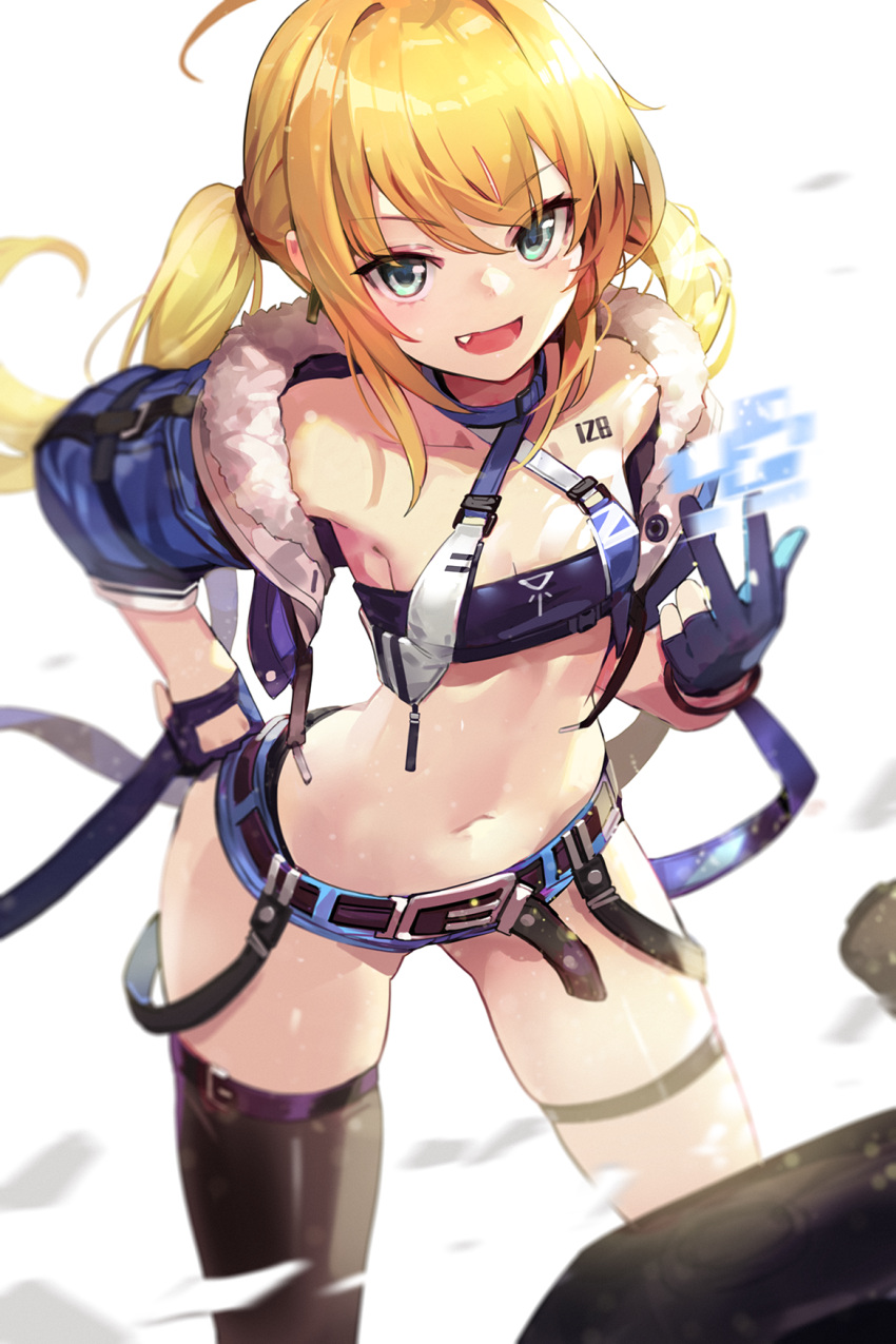 1girl :d ahoge armpits ass_visible_through_thighs bandeau bare_shoulders belt black_gloves black_legwear black_panties blonde_hair blue_choker blue_eyes blue_jacket blue_shorts blurry breasts choker collarbone criss-cross_halter cropped_jacket depth_of_field fang fur_trim gloves goomrrat halterneck hand_on_hip highres jacket leaning_forward long_hair looking_at_viewer micro_shorts midriff navel off_shoulder open_clothes open_jacket open_mouth original panties panty_peek revealing_clothes short_shorts shorts sidelocks simple_background single_thighhigh small_breasts smile solo standing stomach strap tattoo thigh-highs thigh_strap thighs twintails underwear white_background