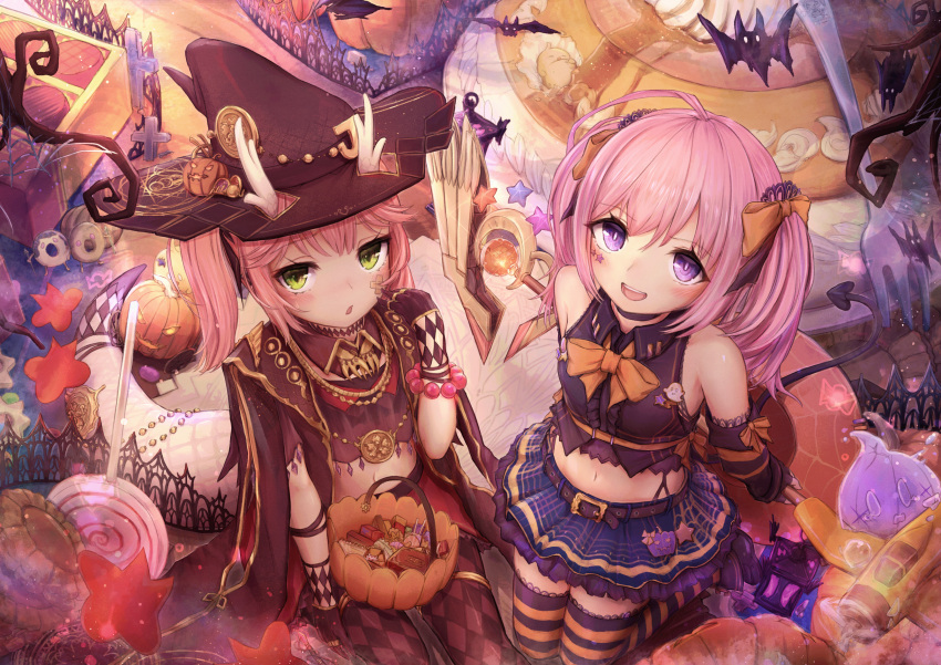 2girls absurdres ahoge azur_lane bare_shoulders bat bow candy checkered checkered_gloves checkered_legwear eicam food frilled_shirt frills from_above ghost green_eyes hair_bow halloween hat highres huge_filesize lollipop long_hair looking_at_viewer midriff miniskirt multiple_girls orange_bow pink_hair purple_skirt ryuujou_(azur_lane) saratoga_(azur_lane) shirt skirt striped striped_legwear thigh-highs twintails violet_eyes witch_hat zettai_ryouiki