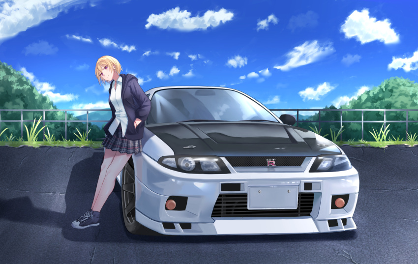 1girl bangs blonde_hair blue_jacket blush closed_mouth clouds cloudy_sky day doitsuudon ground_vehicle hands_in_pockets highres idolmaster idolmaster_shiny_colors jacket leaning_against_vehicle looking_at_viewer miniskirt mountainous_horizon nissan_skyline_gt-r open_clothes open_jacket outdoors plaid plaid_skirt pleated_skirt railing saijou_juri shirt short_hair skirt sky smile solo vehicle_focus violet_eyes white_shirt