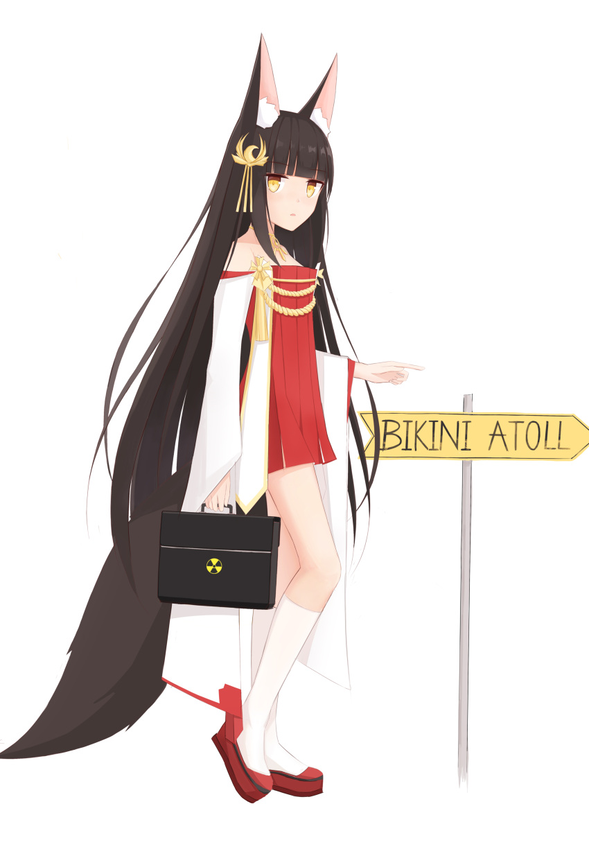 1girl absurdres animal_ears arrow_(symbol) azur_lane bag bangs bare_shoulders bird_hair_ornament black_hair blunt_bangs collarbone commentary detached_sleeves dress english_commentary eyebrows_visible_through_hair fox_ears fox_girl fox_tail full_body hair_ornament highres holding holding_bag jewelry kneehighs long_hair looking_at_viewer nagato_(azur_lane) necklace off-shoulder_dress off_shoulder operation_crossroads parted_lips pointing radioactive red_legwear shasha_(shasha159357) sidelocks signpost simple_background solo strapless strapless_dress tail white_background white_legwear wide_sleeves yellow_eyes
