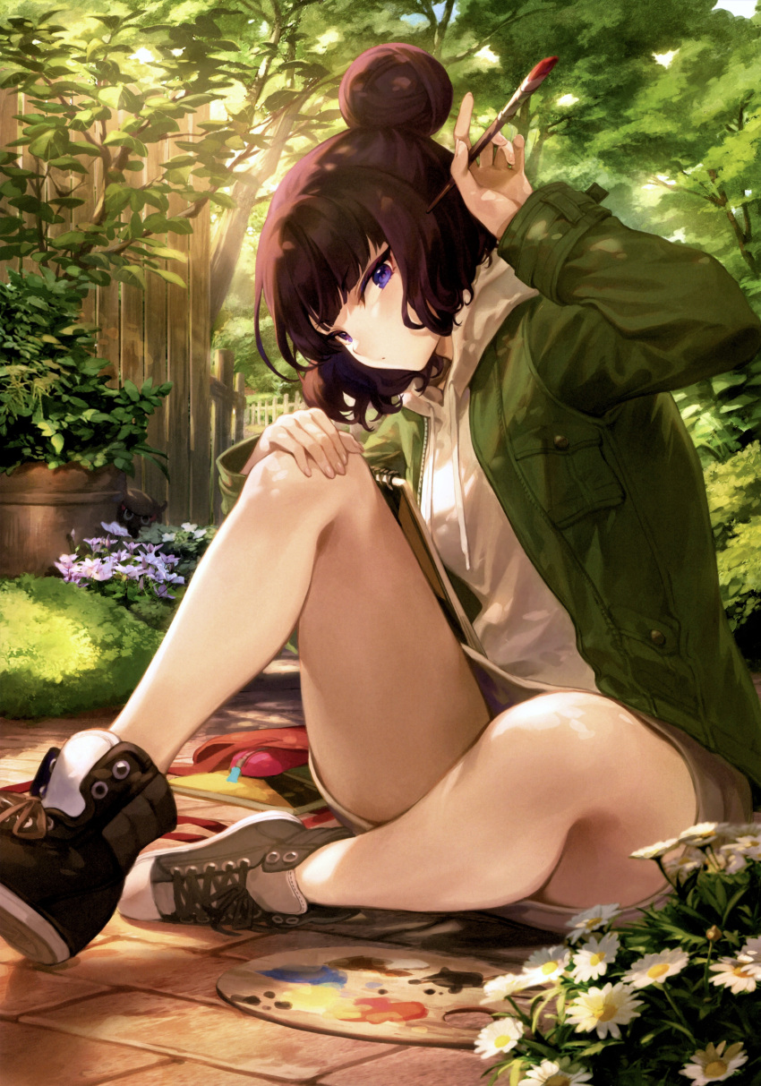 1girl absurdres bangs black_hair fate/grand_order fate_(series) green_jacket highres holding jacket katsushika_hokusai_(fate) long_sleeves looking_at_viewer mashuu_(neko_no_oyashiro) open_clothes open_jacket paintbrush palette scan shoes simple_background sitting sneakers solo thighs tied_hair violet_eyes