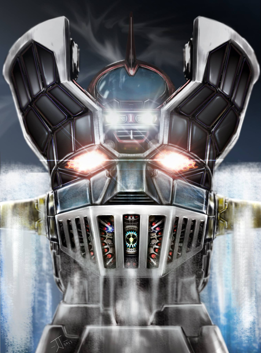canopy cockpit codefriendlyart commentary english_commentary highres lights looking_at_viewer machinery mazinger_z mazinger_z_(mecha) mecha perspective pilder realistic science_fiction shiny super_robot upper_body
