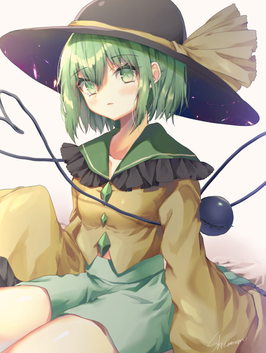 1girl bangs black_headwear blouse blush breasts bright_pupils closed_mouth collarbone commentary_request expressionless eyeball eyebrows_visible_through_hair frilled_shirt_collar frills green_eyes green_hair green_skirt hair_between_eyes hat hat_ribbon heart heart_of_string highres komeiji_koishi long_sleeves looking_at_viewer ribbon shiromoru_(yozakura_rety) short_hair simple_background sitting skirt sleeves_past_fingers sleeves_past_wrists small_breasts solo thighs third_eye touhou white_background yellow_blouse yellow_ribbon