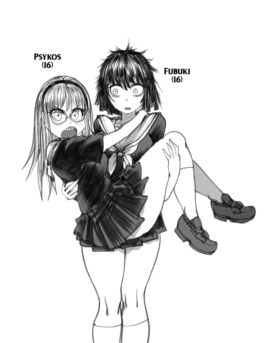 2girls alternate_universe bags_under_eyes braces breasts carrying constricted_pupils freckles fubuki_(one-punch_man) greyscale highres kill_la_kill loafers medium_breasts medium_hair monochrome multiple_girls one-punch_man parody pleated_skirt princess_carry psychos school_uniform serafuku shoes short_hair skirt socks summer_uniform teenage the_golden_smurf thighs wide-eyed younger