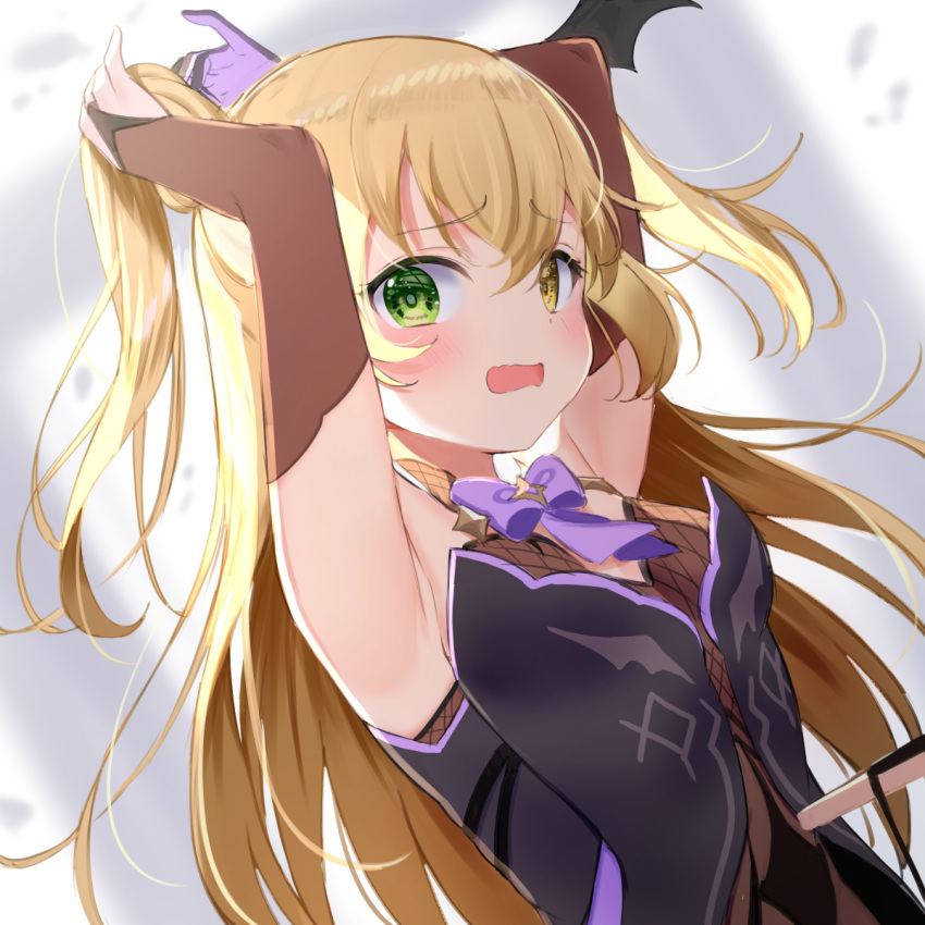 1girl armpits arms_up bangs bare_shoulders blonde_hair blush bow breasts bridal_gauntlets brown_leotard detached_sleeves eyebrows_visible_through_hair fischl_(genshin_impact) genshin_impact gloves green_eyes hair_between_eyes heterochromia highres leotard long_hair looking_at_viewer open_mouth purple_bow small_breasts solo tsukiman two_side_up upper_body wavy_mouth yellow_eyes