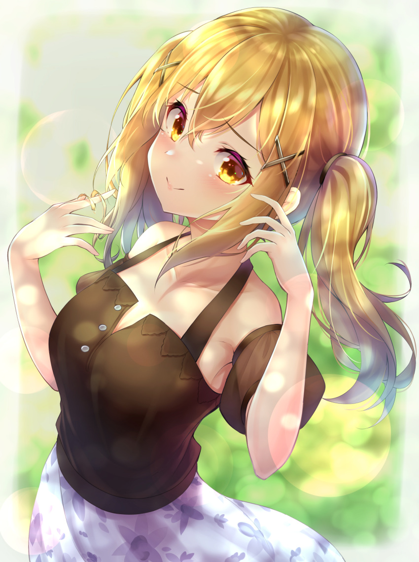 1girl bang_dream! bangs bare_shoulders black_shirt blonde_hair blush breasts collarbone commentary_request cowboy_shot detached_sleeves hair_between_eyes hair_ornament hair_tie hands_up henacho highres ichigaya_arisa long_hair looking_at_viewer medium_breasts playing_with_own_hair puffy_short_sleeves puffy_sleeves purple_skirt shirt short_sleeves sidelocks skirt smile solo twintails x_hair_ornament yellow_eyes
