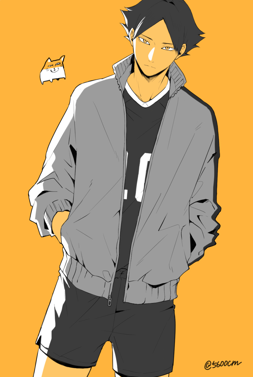 1boy 5600cm bangs black_hair haikyuu!! hands_in_pockets highres jacket looking_at_viewer male_focus monochrome open_clothes open_jacket short_hair simple_background sportswear spot_color standing suna_rintarou twitter_username volleyball_uniform yellow_background