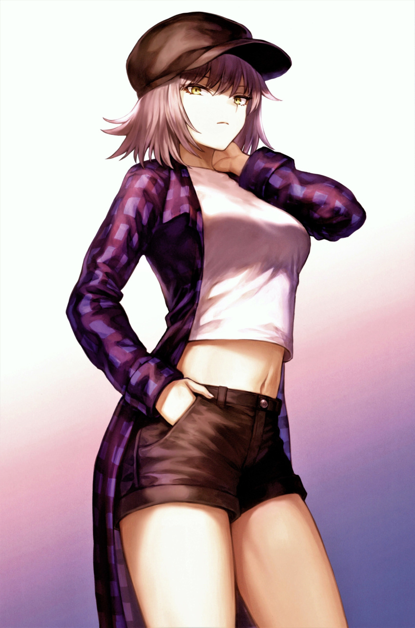 1girl absurdres bangs black_shorts breasts brown_headwear casual closed_mouth coat cowboy_shot crop_top eyebrows_visible_through_hair fate/grand_order fate_(series) gradient gradient_background hand_in_pocket hand_on_own_neck hat highres jeanne_d'arc_(alter)_(fate) jeanne_d'arc_(fate)_(all) looking_at_viewer mashuu_(neko_no_oyashiro) medium_breasts midriff navel open_clothes open_coat purple_coat scan short_hair short_shorts shorts sidelocks signature silver_hair simple_background solo stomach tsurime twitter_username yellow_eyes
