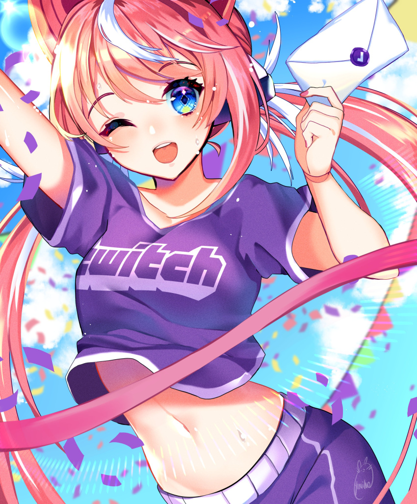 1girl ;d absurdres arm_up blue_eyes breasts clothes_writing collarbone cowboy_shot crop_top crop_top_overhang envelope hair_ornament hand_up highres long_hair looking_at_viewer low_twintails midriff multicolored_hair navel one_eye_closed open_mouth original pink_hair purple_shirt purple_shorts shirt short_sleeves shorts small_breasts smile solo stomach streaked_hair twintails twitch.tv very_long_hair yuniiho