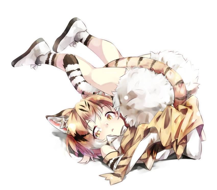 1girl animal_ears animal_print blonde_hair bow bowtie brown_hair cat_ears cat_girl cat_print cat_tail commentary_request elbow_gloves eyebrows_visible_through_hair fur_skirt gloves gorilla_(bun0615) high-waist_skirt highres kemono_friends legs_up looking_at_viewer lying multicolored_hair on_back print_gloves print_legwear sand_cat_(kemono_friends) shoes short_hair skirt sneakers socks solo tail white_neckwear yellow_eyes