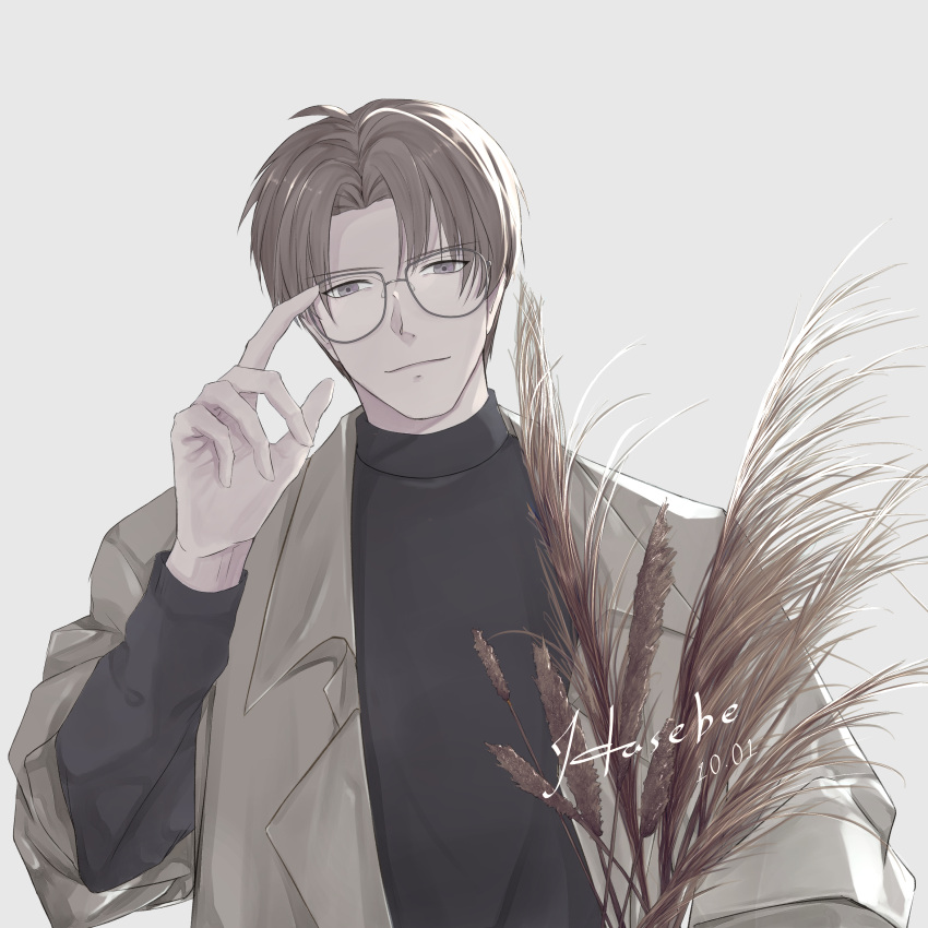 1boy absurdres bangs black_shirt brown_hair character_name dated glasses hand_up heshikiri_hasebe highres long_sleeves male_focus miz_09 parted_bangs shirt short_hair simple_background solo touken_ranbu wheat