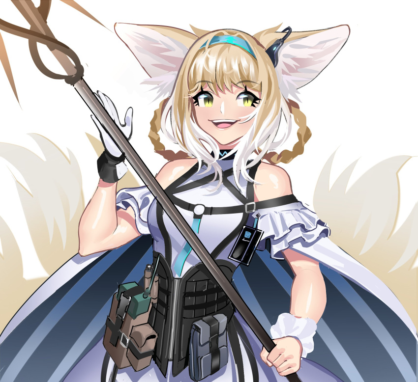 1girl animal_ear_fluff arknights bangs blonde_hair blue_hairband breasts cape daniaeru english_commentary eyebrows_visible_through_hair gloves green_eyes hair_rings hairband highres holding holding_lance holding_polearm holding_weapon lance open_mouth polearm single_glove small_breasts smile solo suzuran_(arknights) upper_body weapon white_background white_cape white_gloves