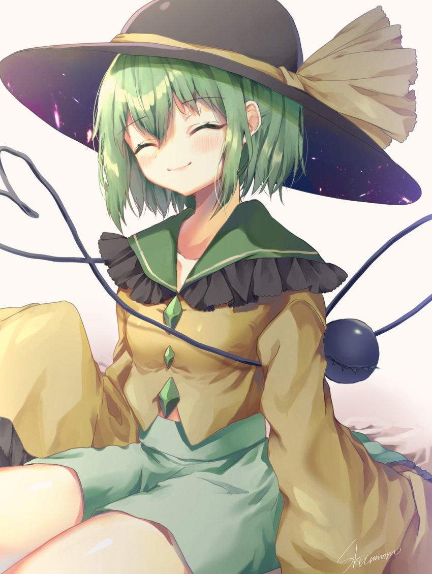 1girl bangs black_headwear blouse blush breasts closed_eyes closed_mouth collarbone commentary_request eyeball eyebrows_visible_through_hair frilled_shirt_collar frills green_hair green_skirt hair_between_eyes hat hat_ribbon heart heart_of_string highres komeiji_koishi long_sleeves ribbon shiromoru_(yozakura_rety) short_hair simple_background sitting skirt sleeves_past_fingers sleeves_past_wrists small_breasts smile solo thighs third_eye touhou white_background yellow_blouse yellow_ribbon