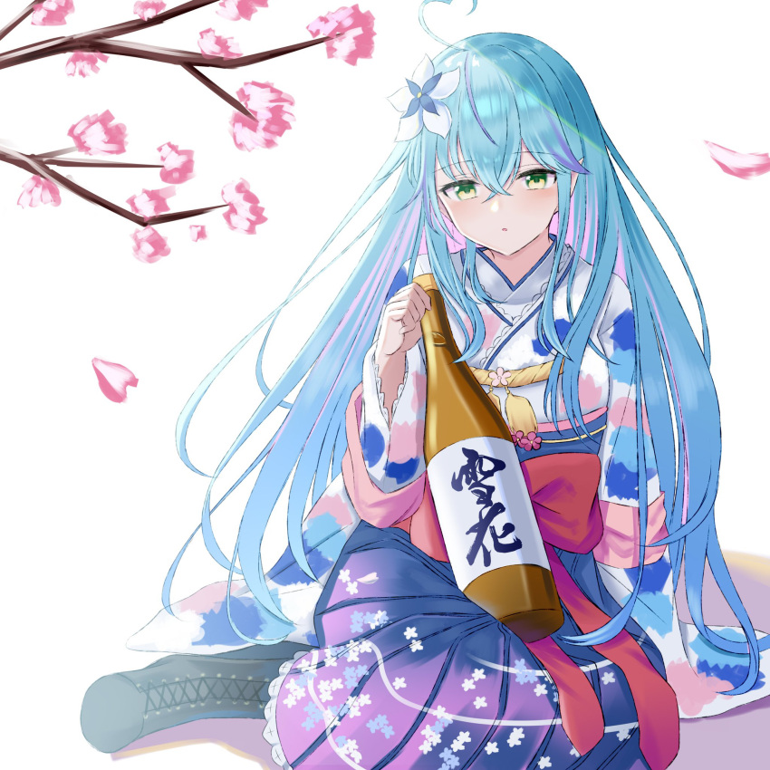 1girl ahoge blue_hair boots bottle cherry_blossoms flower hair_flower hair_ornament heart_ahoge highres hololive japanese_clothes kimono long_hair natsuki_(natukituki) pointy_ears sake_bottle yukihana_lamy
