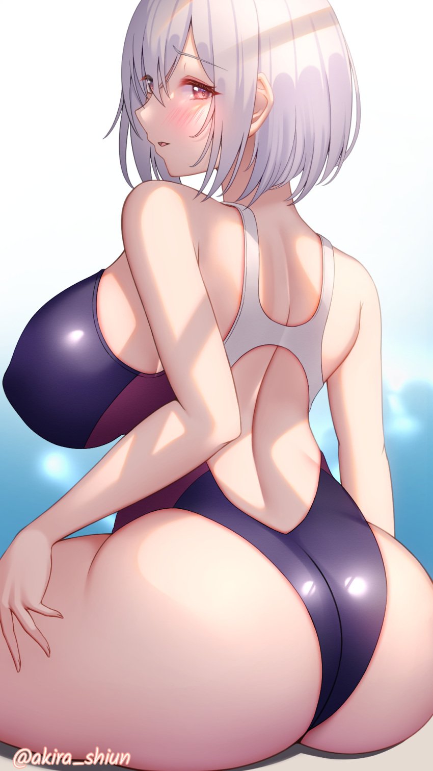 1girl akira_shiun artist_name ass azur_lane back bangs bare_shoulders blurry blurry_background blush breasts commentary_request competition_swimsuit covered_nipples eyebrows_visible_through_hair facing_away hair_between_eyes highres large_breasts looking_back one-piece_swimsuit parted_lips pink_eyes short_hair silver_hair simple_background sirius_(azur_lane) sitting solo swimsuit