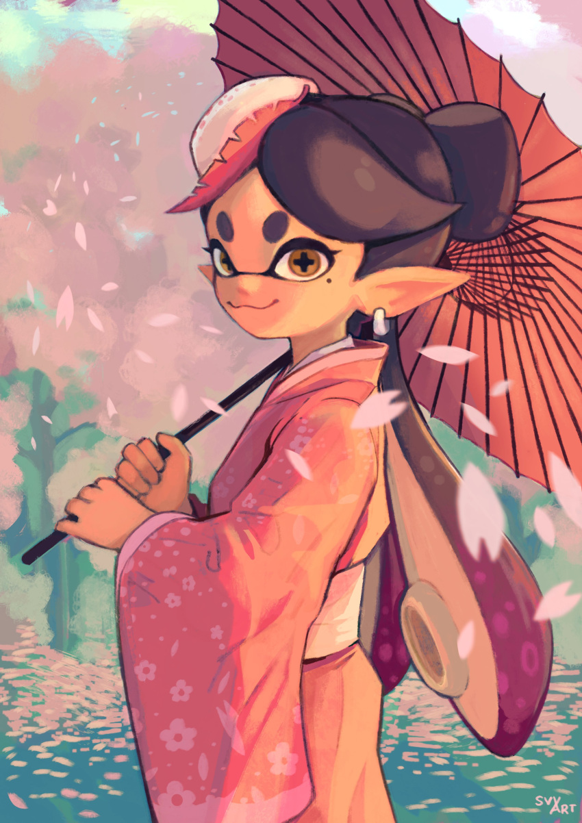 +_+ 1girl absurdres black_hair brown_eyes callie_(splatoon) cowboy_shot domino_mask earrings food food_on_head highres holding holding_umbrella japanese_clothes jewelry kimono long_hair mask mole mole_under_eye obi object_on_head petals pink_kimono pointy_ears sash signature solo splatoon_(series) splatoon_1 sushi svv_art tentacle_hair umbrella