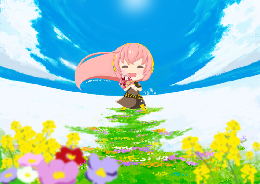 1girl :d armband belt black_legwear black_shirt black_skirt blue_sky boots bouquet character_name chibi closed_eyes clouds cross-laced_footwear facing_viewer field flower flower_field gold_footwear happy_birthday headphones highres holding holding_bouquet knee_boots lace-up_boots long_hair megurine_luka niidonroad open_mouth outdoors pink_flower pink_hair purple_flower red_flower scenery shirt short_sleeves side_slit signature skirt sky smile snow solo standing sun thigh-highs vocaloid white_flower wide_shot yellow_flower