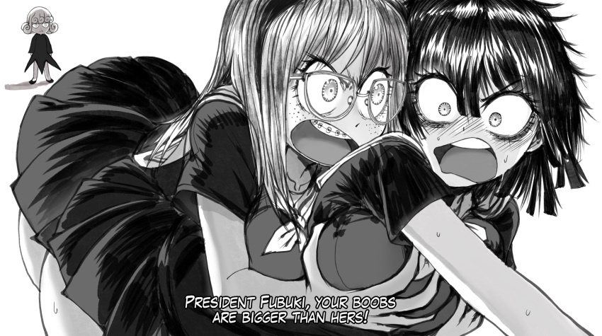 3girls alternate_universe blush braces breast_grab breasts chibi chibi_inset constricted_pupils english_text freckles fubuki_(one-punch_man) glasses grabbing grabbing_from_behind greyscale highres kill_la_kill medium_breasts medium_hair monochrome multiple_girls nose_blush one-punch_man parody pleated_skirt psychos school_uniform serafuku short_hair skirt subtitled summer_uniform sweatdrop tatsumaki teenage the_golden_smurf upper_teeth wide-eyed younger yuri