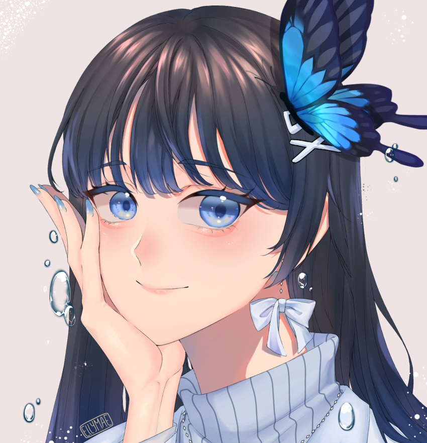 1girl aosai_nabi artist_request bangs black_hair blue_eyes blue_nails blush bug butterfly butterfly_hair_ornament closed_mouth droplet earrings erimei1 eyebrows_visible_through_hair grey_sweater hair_ornament hairclip hand_on_own_face highres indie_virtual_youtuber insect jewelry long_hair looking_at_viewer signature simple_background smile sweater virtual_youtuber