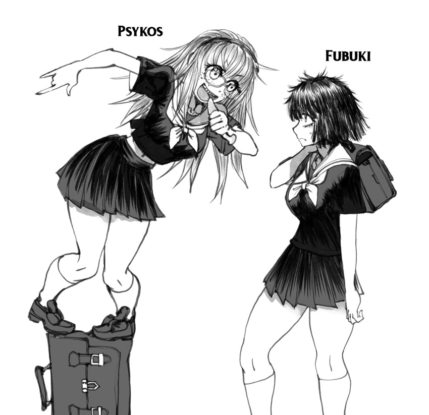 2girls \m/ alternate_universe banana braces breasts food fruit fubuki_(one-punch_man) glasses highres kill_la_kill leaning_forward medium_breasts medium_hair multiple_girls navel one-punch_man parody pigeon-toed pleated_skirt psychos school_briefcase school_uniform serafuku short_hair skirt socks standing_on_object summer_uniform sweatdrop teenage the_golden_smurf