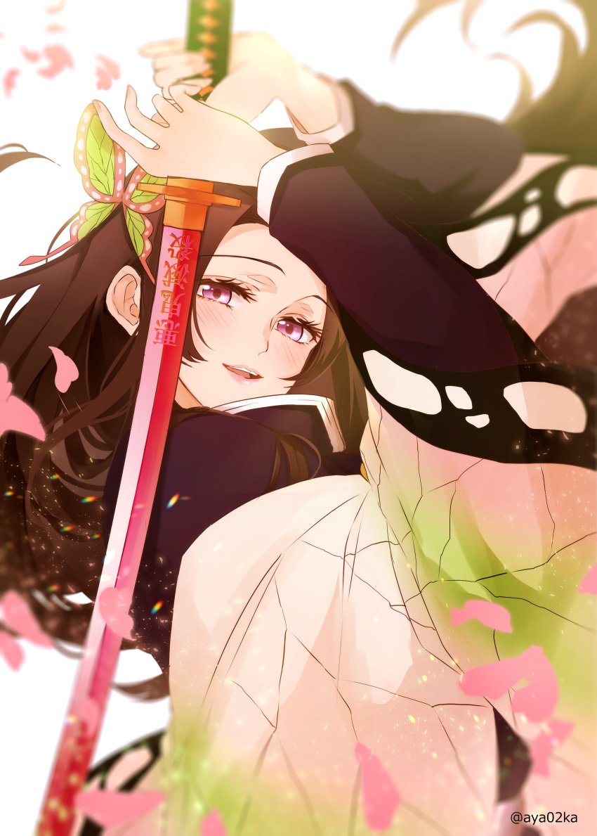 1girl :d absurdres arms_up aya02ka black_hair black_jacket butterfly_hair_ornament floating_hair from_side hair_ornament haori highres holding holding_sword holding_weapon jacket japanese_clothes kimetsu_no_yaiba kochou_kanae long_hair long_sleeves looking_at_viewer open_mouth petals pink_eyes smile solo sword twitter_username upper_body very_long_hair weapon