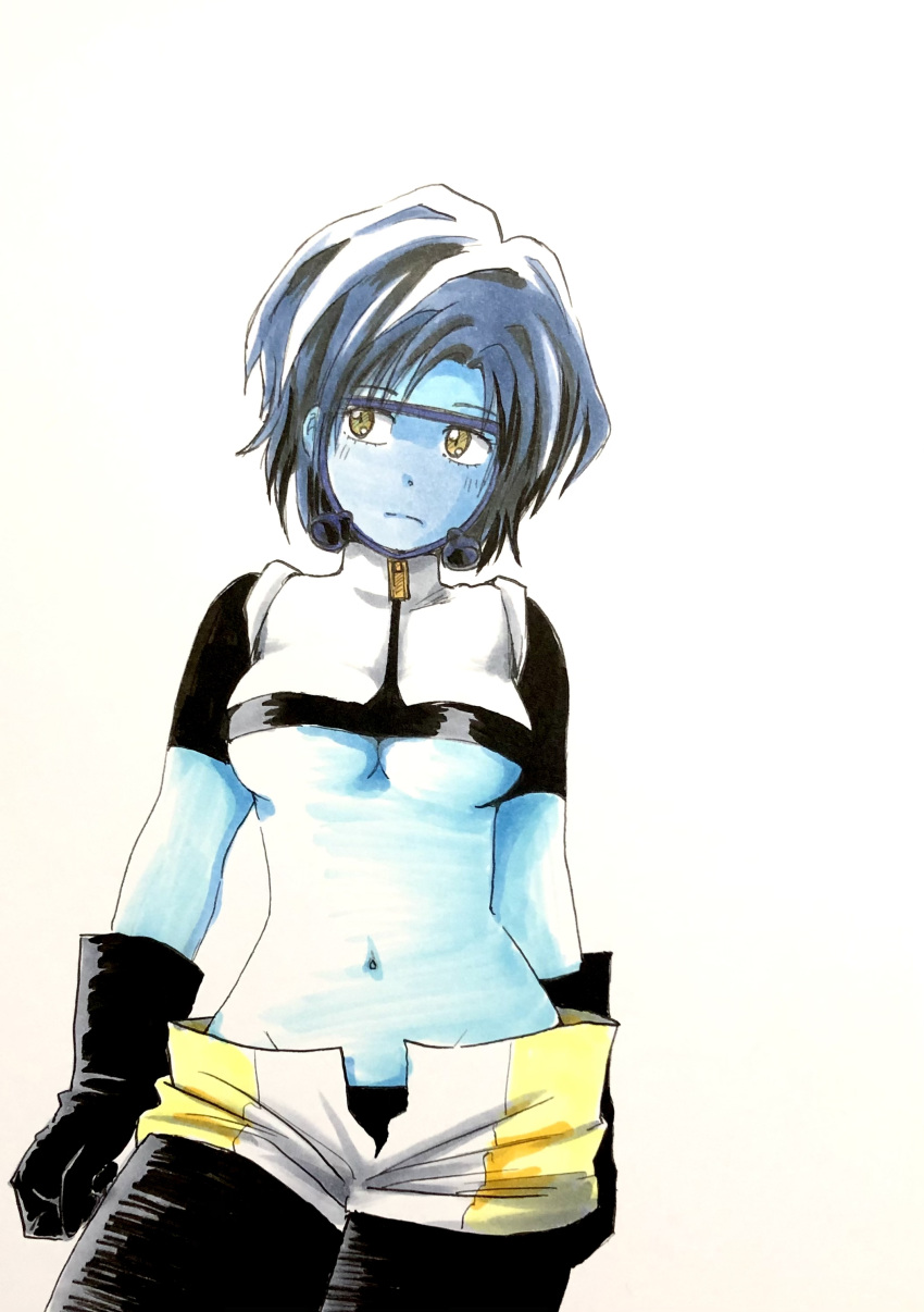 1girl absurdres bangs black_legwear blue_hair blue_skin boku_no_hero_academia breasts bubble_girl colored_skin commentary cowboy_shot crop_top diving_mask gloves goggles highres leggings legwear_under_shorts light_frown looking_to_the_side marker_(medium) marumo_516 medium_breasts midriff navel short_hair short_sleeves shorts simple_background solo standing traditional_media under_boob white_background yellow_eyes zipper_pull_tab