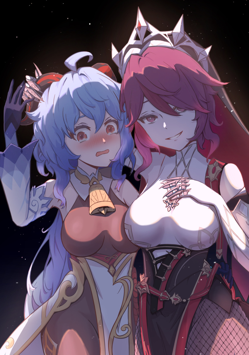 2girls absurdres ahoge arm_up bare_shoulders bell black_background black_legwear blush breasts claws cowbell cowboy_shot crying crying_with_eyes_open elbow_gloves fishnet_legwear fishnets ganyu_(genshin_impact) genshin_impact gloves half-closed_eyes hand_on_another's_head hand_on_own_chest haoshen812 highres horns large_breasts long_hair long_sleeves looking_at_viewer medium_breasts multiple_girls nun open_mouth pelvic_curtain purple_hair rosaria_(genshin_impact) short_hair simple_background smile tears veil violet_eyes