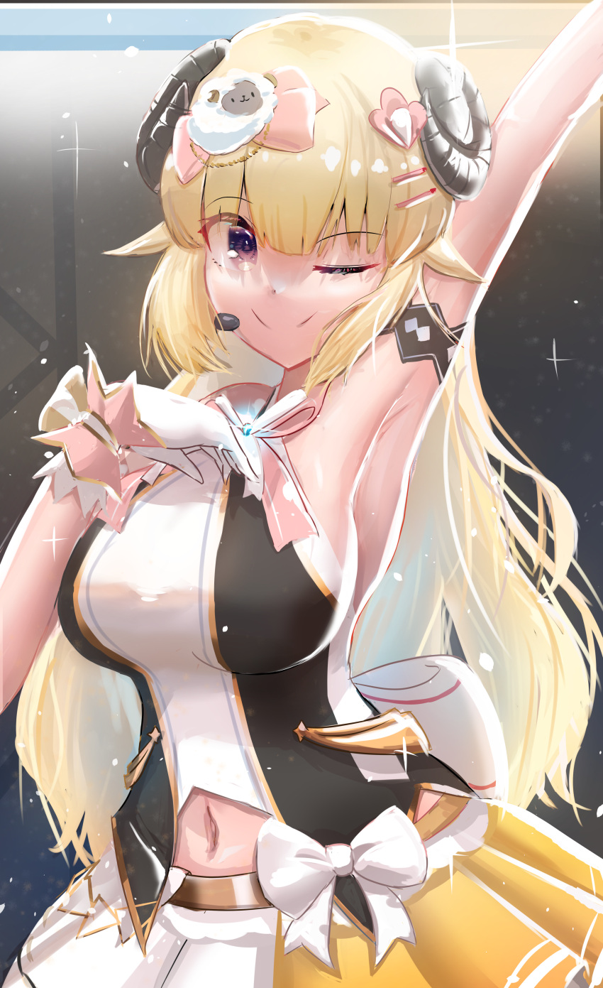 1girl ;) absurdres animal_ears armpits arms_up bare_arms bare_shoulders belt blonde_hair bow bow_skirt breasts closed_mouth clothing_cutout contrapposto cowboy_shot curled_horns gloves hair_ornament hairclip halter_top halterneck headset highres hololive hololive_idol_uniform horns idol izanagi_no_ookami_p. large_breasts layered_skirt long_hair looking_at_viewer miniskirt navel navel_cutout official_alternate_costume one_eye_closed sheep_ears sheep_girl sheep_hair_ornament sheep_horns skirt sleeveless smile solo stage tsunomaki_watame very_long_hair violet_eyes virtual_youtuber white_bow white_gloves white_skirt wrist_cuffs