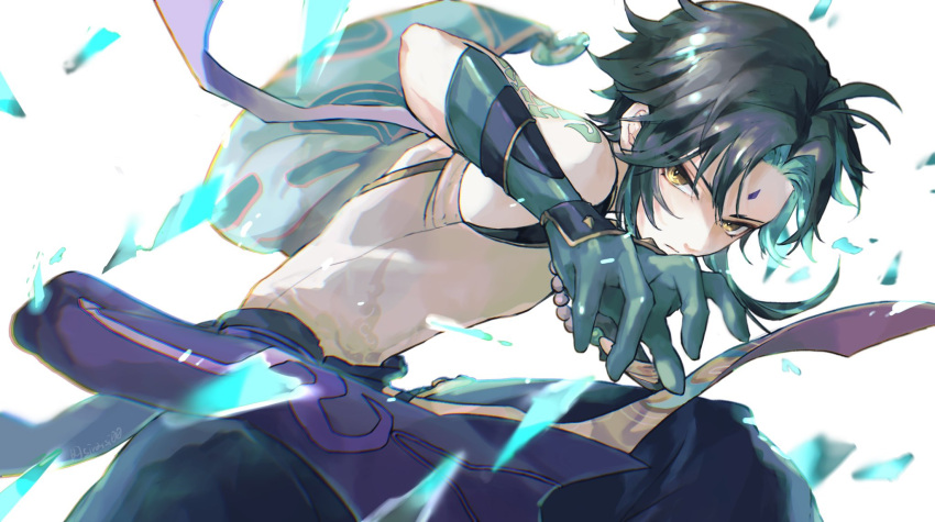1boy ahoge arm_guards arm_tattoo armor asymmetrical_clothes bangs bare_shoulders bead_necklace beads black_hair closed_mouth commentary_request detached_sleeves diamond-shaped_pupils diamond_(shape) eyeshadow facial_mark forehead_mark genshin_impact gloves green_gloves green_hair highres jewelry looking_at_viewer makeup male_focus multicolored_hair necklace parted_bangs red_eyeshadow shiraishi_(siraisi00) short_hair_with_long_locks simple_background single_detached_sleeve sleeveless slit_pupils solo symbol-shaped_pupils tassel tattoo two-tone_hair xiao_(genshin_impact) yellow_eyes