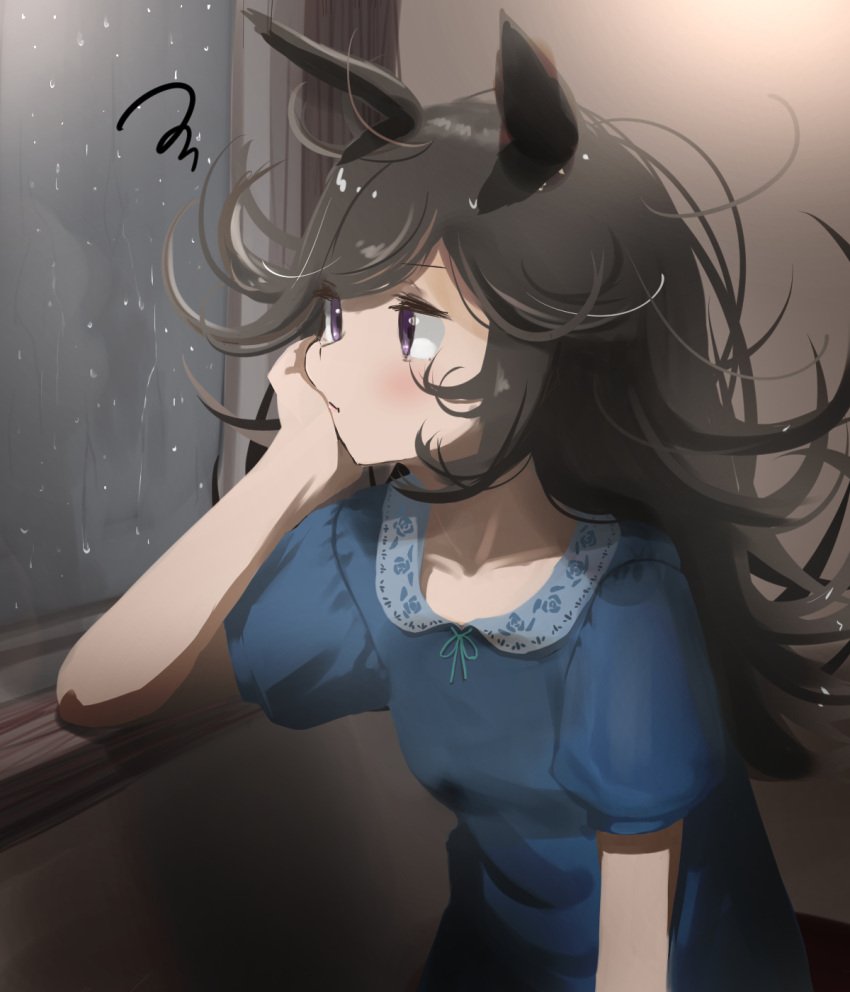 1girl against_window animal_ears blush closed_mouth commentary_request dress eyebrows_visible_through_hair highres horse_ears horse_girl indoors long_hair rain rice_shower_(umamusume) short_sleeves solo tama_(seiga46239239) umamusume violet_eyes water_drop