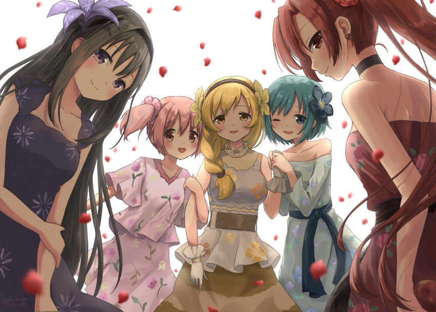 akemi_homura asukaru_(magika_ru) black_hair blonde_hair blue_eyes blue_hair dress drill_hair hairband highres kaname_madoka long_hair mahou_shoujo_madoka_magica miki_sayaka pink_eyes pink_hair ponytail red_eyes redhead sakura_kyouko short_hair tomoe_mami twin_drills twintails violet_eyes yellow_eyes