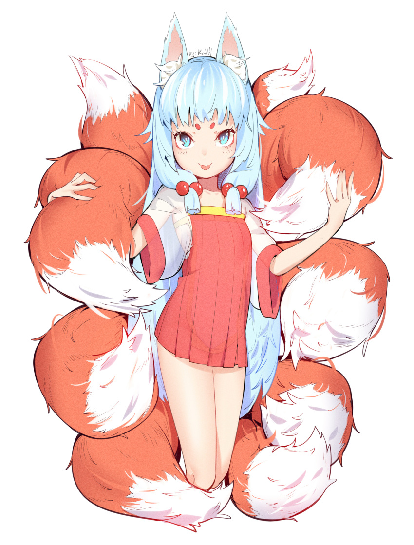 1girl :p absurdres animal_ear_fluff animal_ears blue_eyes blue_hair fox_ears fox_girl fox_tail hair_bobbles hair_ornament highres hikimayu kmwh looking_at_viewer multiple_tails no_panties original petite see-through_dress see-through_sleeves sidelocks signature simple_background solo tabard tail tongue tongue_out white_background