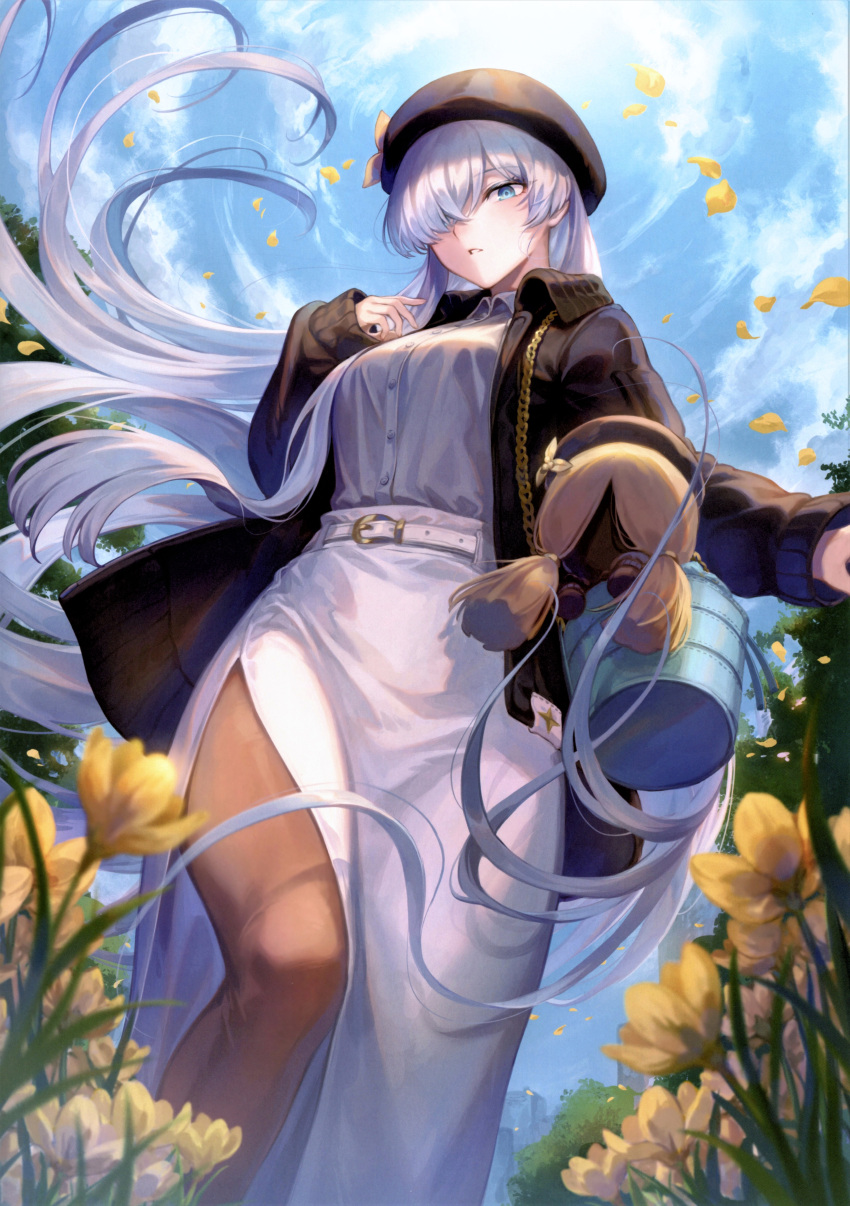 1girl absurdres anastasia_(fate) black_jacket blue_eyes blue_sky blush breasts bucket buttons clouds cloudy_sky dool dress fate/grand_order fate_(series) flower hair_over_one_eye highres jacket long_sleeves looking_at_viewer mashuu_(neko_no_oyashiro) medium_breasts open_clothes open_jacket parted_lips petals scan silver_hair sky solo toy viy_(fate)