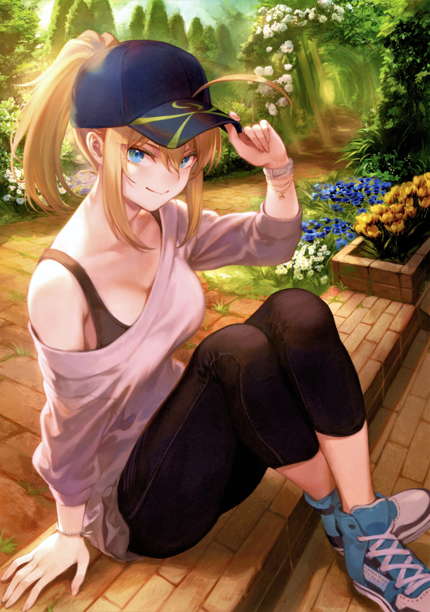 1girl absurdres adjusting_clothes adjusting_headwear ahoge arm_support artoria_pendragon_(all) bangs baseball_cap blonde_hair blue_eyes breasts collarbone fate/grand_order fate_(series) full_body hat highres long_hair long_sleeves looking_at_viewer mashuu_(neko_no_oyashiro) medium_breasts mysterious_heroine_xx_(fate) pants ponytail scan sidelocks simple_background sitting smile solo tied_hair