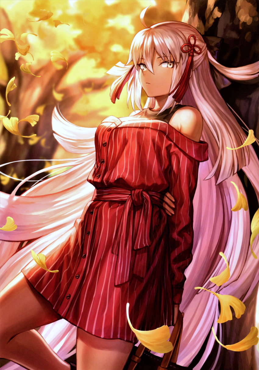 1girl absurdres ahoge autumn bag bare_shoulders breasts buttons closed_mouth dark_skin day dress fate/grand_order fate_(series) hair_ornament highres holding looking_at_viewer mashuu_(neko_no_oyashiro) medium_breasts okita_souji_(alter)_(fate) okita_souji_(fate)_(all) outdoors pink_hair scan short_dress simple_background solo striped tree vertical_stripes