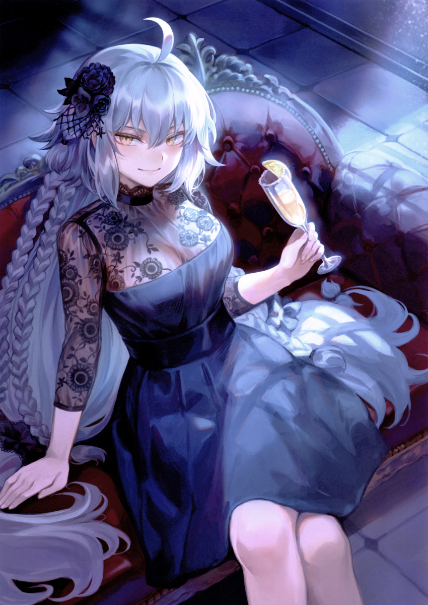 1girl absurdres ahoge arm_support bangs braid champagne_flute closed_mouth couch crossed_legs cup dress drinking_glass fate/grand_order fate_(series) floral_print hair_ornament highres holding indoors jeanne_d'arc_(alter)_(fate) jeanne_d'arc_(fate)_(all) long_hair long_sleeves looking_at_viewer mashuu_(neko_no_oyashiro) scan shiny shiny_hair silver_hair simple_background sitting smile solo tied_hair turtleneck yellow_eyes