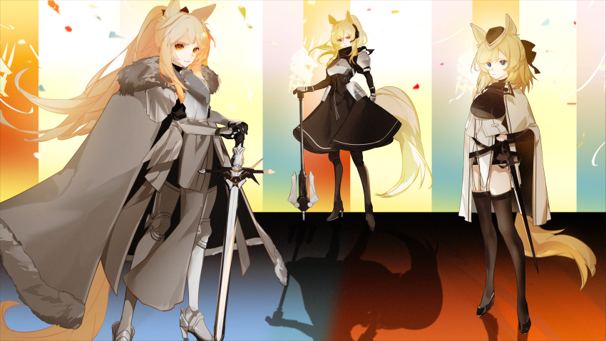 3girls absurdres animal_ears aonogura arknights armor aunt_and_niece axe bangs black_bow black_footwear black_headwear black_legwear blemishine_(arknights) blush boots bow breastplate brown_eyes cape commentary_request eyebrows eyebrows_visible_through_hair gauntlets greaves hair_bow hat high_heels highres holding holding_axe holding_sword holding_weapon horse_ears horse_girl horse_tail huge_filesize kingdom_of_kazimierz_logo long_hair looking_at_viewer multiple_girls nearl_(arknights) open_mouth pauldrons planted_axe planted_sword planted_weapon ponytail serious shoulder_armor siblings sisters sword tail thigh-highs weapon whislash_(arknights) white_armor white_cape yellow_eyes