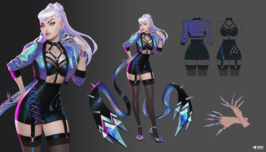 1girl blonde_hair character_request clothing_request commentary dress earrings english_commentary english_text grey_background high_heels highres jacket jason_chan jewelry k/da_(league_of_legends) league_of_legends long_hair looking_at_viewer multicolored_hair pink_hair purple_hair simple_background tagme thigh-highs white_hair yellow_eyes