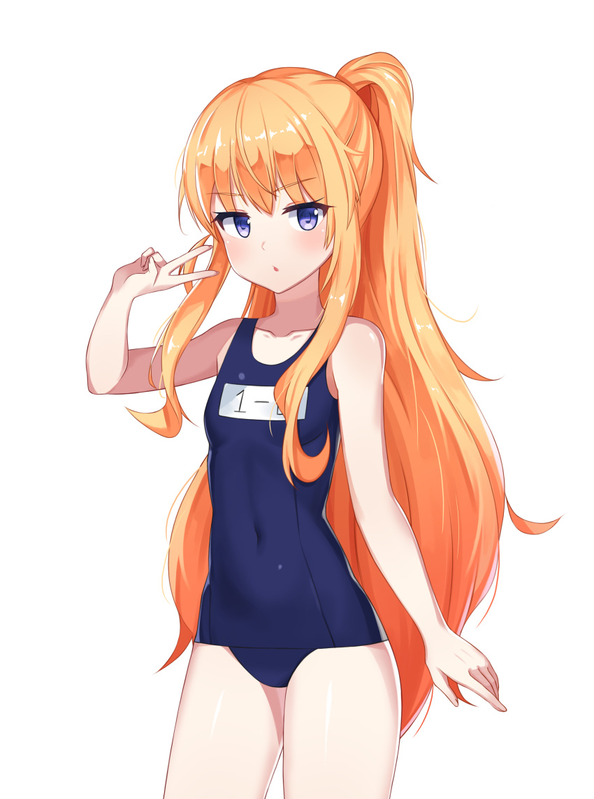 1girl absurdres arm_up avant_garde_(artist) blonde_hair blue_eyes blue_swimsuit breasts covered_navel eyebrows eyebrows_visible_through_hair gabriel_dropout gabriel_tenma_white highres long_hair one-piece_swimsuit ponytail school_swimsuit small_breasts solo swimsuit thighs v very_long_hair