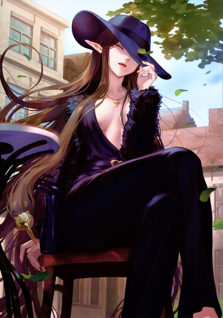 1girl absurdres black_hair building chair clouds cloudy_sky crossed_legs day fate/apocrypha fate/grand_order fate_(series) hair_ornament hand_up hat highres jewelry leaf long_hair mashuu_(neko_no_oyashiro) necklace open_mouth outdoors pants pointy_ears scan semiramis_(fate) sky solo table yellow_eyes